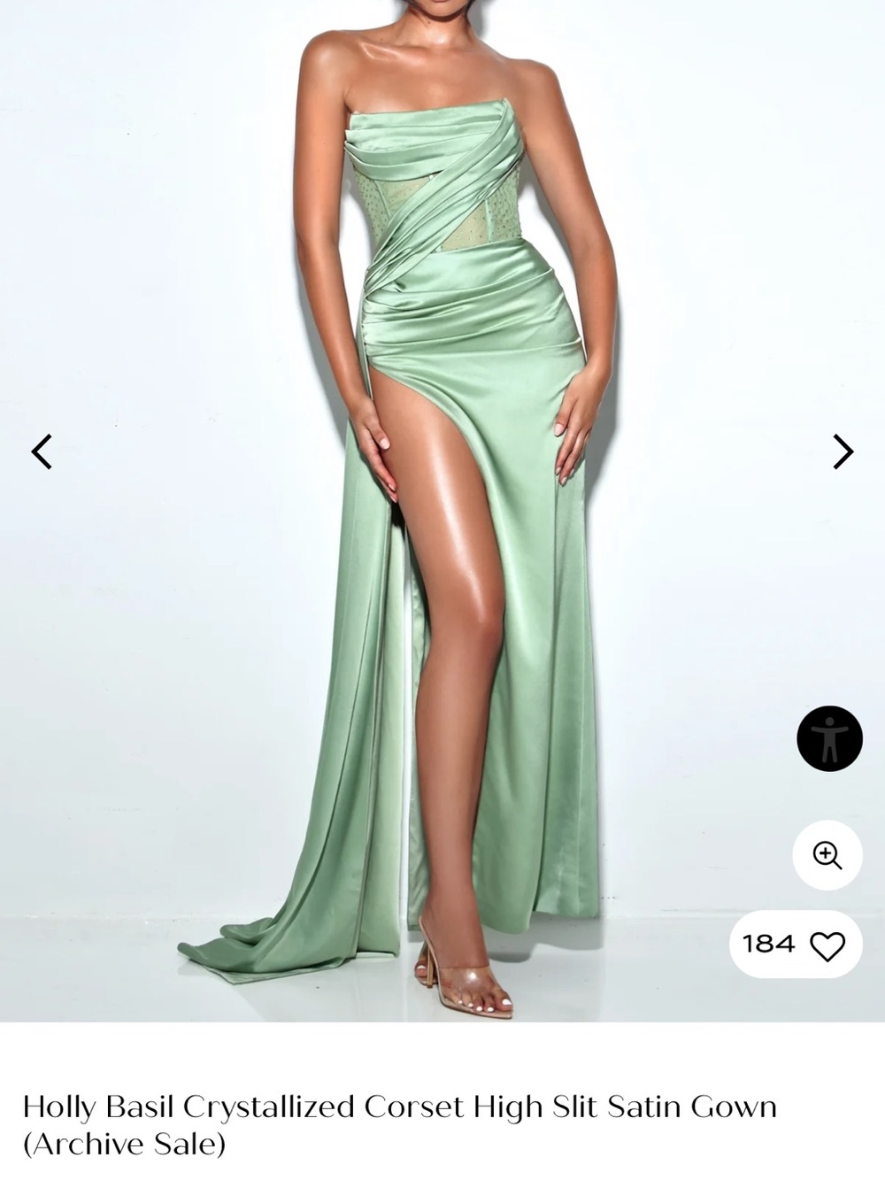Size Medium Strapless Sage Green Satin High-Slit Gown